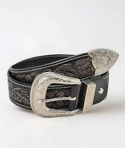 Ceinture en cuir de cowboy western haut de gamme pour hommes, motif floral en relief avec boucle argentée gravée, style vintage - Product Image 2