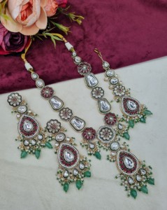 Designer Meenakari Flower Motif <b>Necklace</b> Set With Matching Earring & Mangtika Heavy Kundan <b>Necklace</b> Set Ethnic Wear Manufacturer - Product Image 1