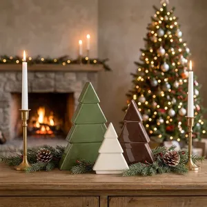Handmade Collection Resin Christmas <b>Tree</b> Tabletop Decor Set Green White Brown Pine Cone Centerpiece Indoor Holiday Decoration - Product Image 4