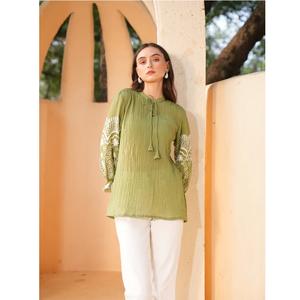 Blusa de Chifón con Bordado Verde de Diseño Lujoso, Estilo Camisa, Manga Larga, para Brunch, Compras y Salidas Diurnas, a Precio de Mayoreo - Product Image 1