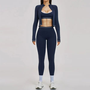 Ensemble de yoga 2 pièces pour femme : Crop top et leggings taille mi-haute, couleur unie, rayé, en spandex, sans couture, taille élastique, longueur intégrale, tenue de sport - Product Image 3