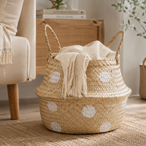 Handmade <b>Foldable</b> White Polka Dot Seagrass <b>Basket</b> <b>Foldable</b> - Multifunctional Home Storage Wholesale Made in Vietnam - Product Image 1