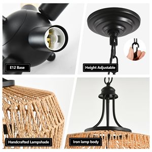 Lampe suspendue en corde de chanvre de style bohème, lampe suspendue en jute tissée à la main avec chaîne réglable, abat-jour en corde naturelle, luminaire de plafond - Product Image 6