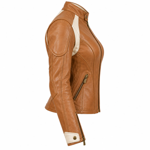 Blouson en cuir marron cognac pour femme, avec accents crème, col montant, style motard, coupe ajustée, poches zippées aux poignets, personnalisé, style Cafe Racer, vêtement d'extérieur - Product Image 3