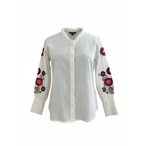 Chemisier brodé uni à manches longues pour femme, style décontracté bohème, en popeline légère anti-plis, coton, mode printemps-été - Product Image 1