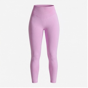 Leggings taille haute sans couture pleine longueur rose uni en Spandex et Polyester, extensibles dans les quatre sens, pour le yoga et les vêtements de sport pour femmes - Product Image 1