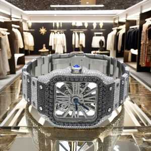 Montre mécanique squelette carrée, mode moderne, en acier inoxydable, entièrement sertie de diamants, lunette en pierre noire, luxe, hip-hop, vintage, verre - Product Image 5