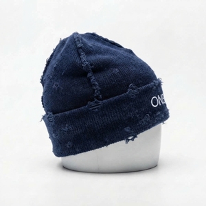 Men's <b>Navy</b> Blue Distressed Beanie <b>Hat</b> Knit Cuffed Winter Cap Unisex Streetwear Skull Cap Custom Logo Wholesale Fashion Accessory - Product Image 3