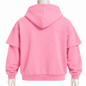 เสื้อฮู้ดสีชมพูสองชั้นทรงโอเวอร์ไซส์ แขนเสื้อแบบเลเยอร์ ทรงหลวมไหล่ตก สไตล์สตรีทแวร์ลำลอง แฟชั่น เสื้อฮู้ดหนานุ่ม - Product Image 2