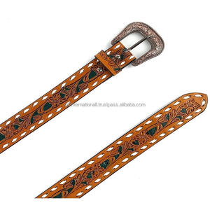 Wholesale Manufacturer Floral Embossed Men's Fashion <b>Western</b> Leather tooling <b>belt</b> with designer antique brass pin buckle - Product Image 5