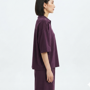 Hot Sale Women's <b>Purple</b> <b>Polo</b> <b>Shirt</b> Three Quarter Sleeve Casual Loose Fit Breathable Knitted 100% Polyester Front Logo Print - Product Image 6