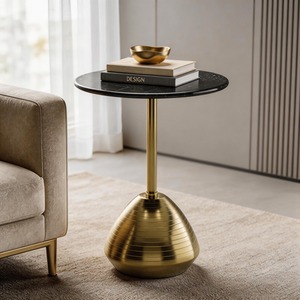 <b>Round</b> <b>Side</b> Coffee <b>Table</b> Marble Look Top Metal Accent <b>Table</b> Gold Base Living Room Furniture - Product Image 1