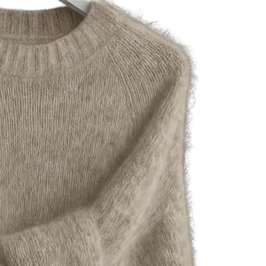Pull décontracté pour femme en mohair beige, col rond, manches longues, tricot torsadé, doux, chaud, coupe ample, avec revers et ourlet côtelés, couleur unie, automne - Product Image 3
