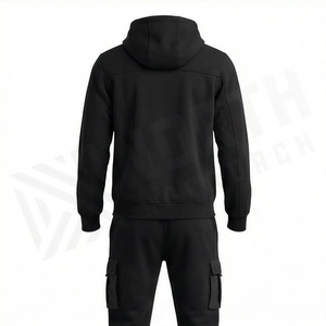 Men's Black Geometric Hooded <b>Tracksuit</b> Full Zip Casual Sportswear With Side Pockets Regular Fit Autumn Wear - Product Image 2