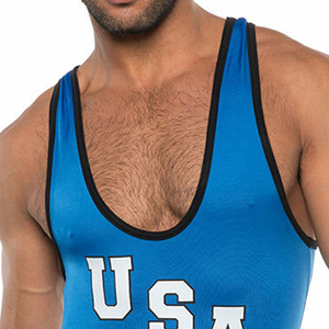 <b>Men</b> USA <b>Wrestling</b> <b>Singlet</b> Blue White Black Fitted Tank Top Spandex Polyester Stretch Front Logo Print Martial Arts Wear - Product Image 5