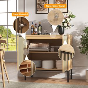 Credenza Moderna Minimalista in Legno con Dettagli in Marmo e Ripiani Regolabili per Cucina, Soggiorno, Ingresso - Product Image 4
