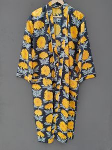 Bata Kimono de Algodón Floral Negra para Mujer, Larga, de Manga Larga, Informal, para Dormir, con Cuello Mandarín, Tejido Estampado - Product Image 2