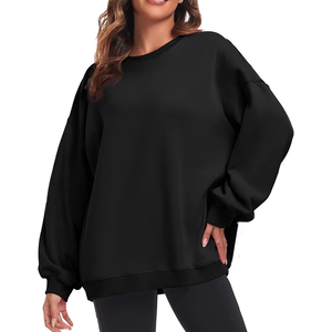 Sweat-shirt oversize pour femme, col rond, noir uni, 100% coton, tricoté, épaules tombantes, manches longues, vêtements d'automne - Product Image 1