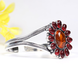 Top Quality Amber and <b>Red</b> Gemstone Cuff <b>Bracelet</b> Custom Opaque Stone Cluster Silver Plated Fashion Jewelry for Bulk Suppliers - Product Image 5