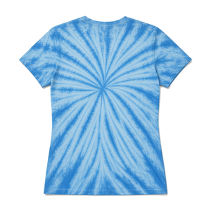 Camiseta de manga corta con cuello redondo y estampado tie-dye azul cielo para mujer, con letras griegas en azul marino y contorno amarillo, camiseta gráfica informal de verano - Product Image 4