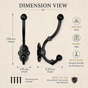 SHUBHAM Black Vintage Wall <b>Hook</b> Decorative Double Coat <b>Hook</b> Hand Forged Hanging <b>Rail</b> for Bathroom Entryway Bedroom - Product Image 5