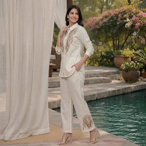 Women's <b>Linen</b> Embroidered 2-Piece <b>Set</b> Three Quarter Sleeve Loose Fit Casual Spring Summer Wear - Product Image 6