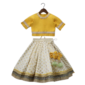 ชุดเลเฮนกาโชลีผ้าไหมสีเหลืองสำหรับเด็กผู้หญิงพร้อมกระโปรงพิมพ์ลาย – ชุดพื้นเมืองสำหรับงานแต่งงานและงานเฉลิมฉลอง - Product Image 1