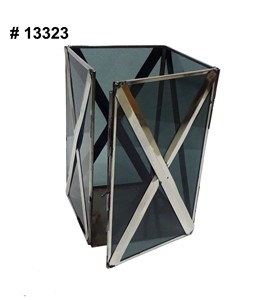 <b>Silver</b> Metal Candle <b>Lantern</b> Flat Top Small Cylindrical Chimney Tinted Glass Panel Square Iron Frame Tabletop Centerpiece Decor - Product Image 6