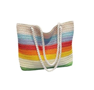 Descubre la combinación perfecta de estilo casual y funcionalidad en este bolso de hilo natural a rayas, ideal para tus viajes de vacaciones. - Product Image 5