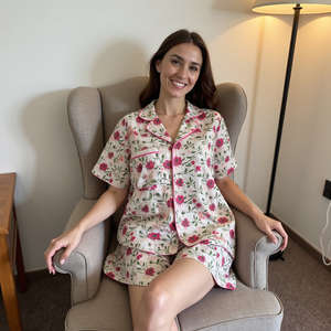 Tranquil Lotus Reverie Handcrafted Fair Trade Comfort Ensemble Camisa de media manga con pantalones cortos - Product Image 5