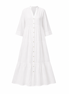 Premium 100% Cotton Women's Tiered Maxi <b>Dress</b> Simple Solid Modern Boho V-Neck Button-Front Eco-Friendly Fit Flare Silhouette - Product Image 6