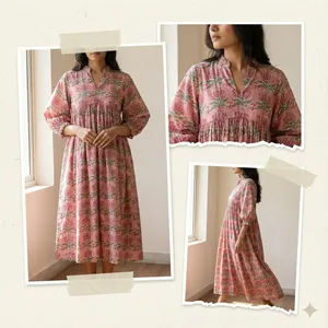 Robe midi en coton à imprimé floral rose vintage avec manches bouffantes, col en V, coupe ample, robe d'été décontractée pour femmes - Product Image 4