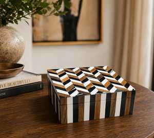 Exclusive Handmade Bone Inlay <b>Keepsake</b> <b>Box</b> Luxury Wooden Jewelry Organizer in Black & White Abstract Design for Jewelry - Product Image 1