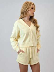 ONETEN APPARELS Conjunto de Cárdigan y Shorts con Cuello en V para Mujer, Bordado, 2 Piezas, Estilo Lounge - Product Image 3