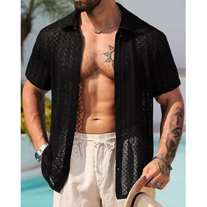 Camisa de punto calado para hombre, informal, de verano, con textura de ganchillo y botones - Product Image 3