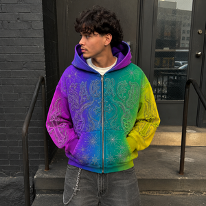 Streetwear Custom 450 gsm Men's French Terry Fleece Luxury Multi Color Rhinestone Embroidery <b>Zip</b> <b>Up</b> <b>Hoodie</b> <b>Cropped</b> Boxy <b>Hoodie</b> - Product Image 3