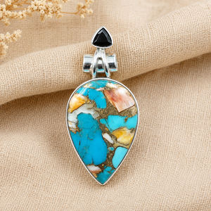 Breloques en argent sterling 925 plaqué or rose, style bohème, avec coquille d'huître épineuse naturelle et turquoise, serties en clos, faites à la main, cadeau - Product Image 5