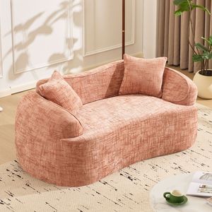 Divano curvo rosa a due posti con braccioli per appartamenti di piccole dimensioni, include due cuscini - Product Image 1