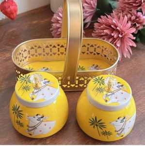 Handmade Yellow Cow Print <b>Decorative</b> <b>Jar</b> Set with Metal Basket Traditional Storage Containers Farmhouse Kitchen Decor - Product Image 1