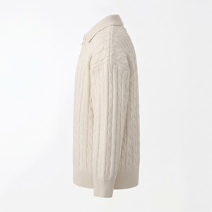 Cardigan Homme en Maille Câblée Crème à Demi-Zip, Col Rabattu, Laine Épaisse, Couleur Unie, Vêtement d'Hiver Anti-Boulochage avec Fermeture Éclair - Product Image 5