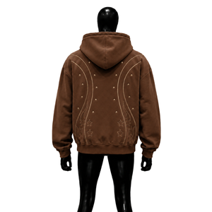 Sweat à capuche marron vintage zippé, style streetwear urbain, avec patch étoile vieilli, coupe oversize, style streetwear de luxe, rétro, effet délavé, épais - Product Image 2