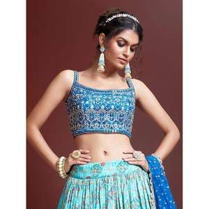 Elegante Azul Cielo Fancy Impreso Chinon Seda Lehenga Choli Con Dupatta - Product Image 4