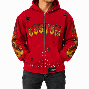 Custom Plus Size Oversized Zip Hoodie Winter Breathable Windproof Digital <b>Raw</b> Edge Distressed Rhinestone Graphic Streetwear OEM - Product Image 2