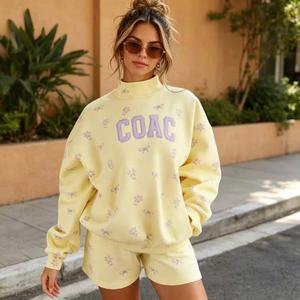 Two Piece Shorts Set <b>Women</b> Oversized Hooded Sweatshirt Top Shorts Casual Fleece Heavyweight Streetwear Yellow <b>Sweatsuit</b> OEM - Product Image 1