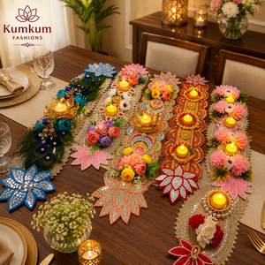Trending <b>Mirror</b> Lotus Floral Beads Candle Table Runner Set for Diwali Wedding Festive Housewarming Party Dining Table Home Decor - Product Image 1