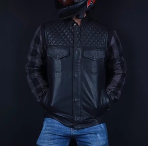 Chemise en flanelle de moto coupe ajustée, en cuir, coupe-vent, protection hivernale, conçue pour le confort et la sécurité des motards urbains. - Product Image 4