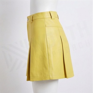 Women Faux Leather A-Line Mini <b>Skirt</b> <b>Pleated</b> Solid <b>Yellow</b> Regular Waistline Shiny Style All Seasons - Product Image 3
