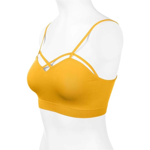 Women Yoga Sports Bra Yellow <b>Strappy</b> Crop <b>Top</b> Cross Front Fitted Gym Workout Activewear Custom Logo OEM ODM Supplier - Product Image 1
