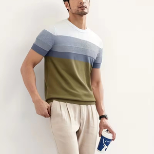 T-shirt en tricot rayé pour homme de qualité supérieure, coupe ajustée, panneau coloré, tee-shirt décontracté de luxe, logo personnalisé OEM - Product Image 1