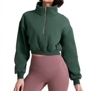 Sweat-shirt court personnalisé pour femme, couleur unie, avec col montant et fermeture éclair, épaules tombantes, manches longues, tricoté, pour l'automne - Product Image 1